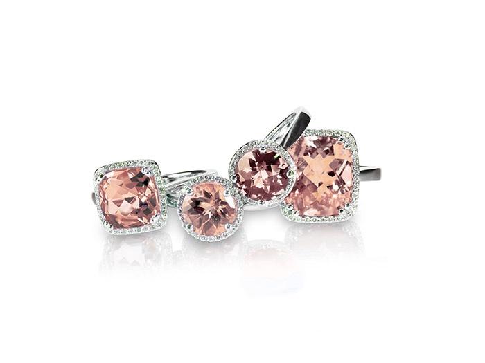 set of four peach pink morganite rings of different sizes