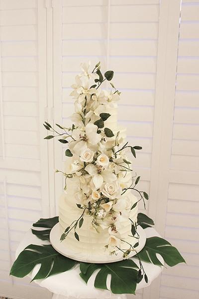 White tiered wedding cake Jordan Ellen with white flowers on for decoration