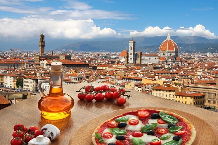 Florence with Cathedral and typical Italian pizza, Tuscany, Italy