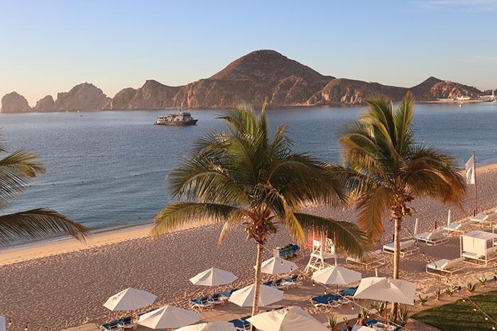 A view across the bay to the cape of the bay of sea of cortez in Los Cabos, Cabo San Lucas, Mexico